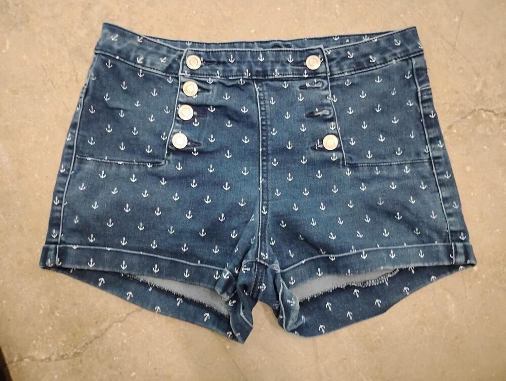 Size 7 Juniors Almost Famous Blue Dark Wash Denim Anchor Print Shorts Hi Rise